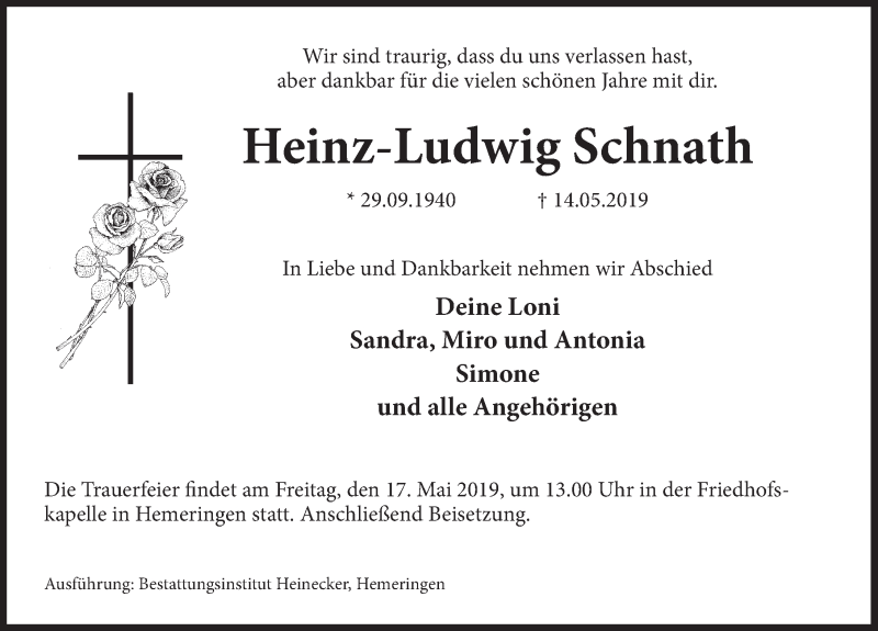  Traueranzeige für Heinz-Ludwig Schnath vom 16.05.2019 aus Deister- und Weserzeitung