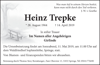 Traueranzeige von Heinz Trepke von Neue Deister-Zeitung