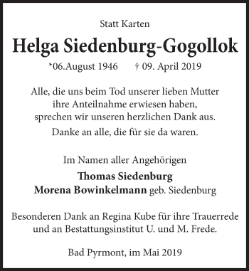 Traueranzeige von Helga Siedenburg-Gogollok von Deister- und Weserzeitung