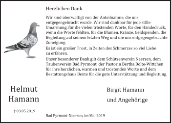 Traueranzeige von Helmut Hamann  von Deister- und Weserzeitung