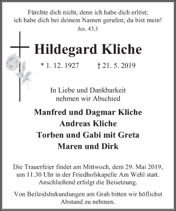 Traueranzeige von Hildegard Kliche von Deister- und Weserzeitung