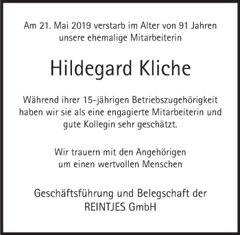 Traueranzeige von Hildegard Kliche von Deister- und Weserzeitung