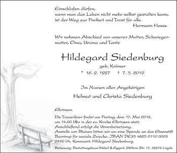 Traueranzeige von Hildegard Siedenburg von Deister- und Weserzeitung