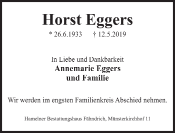 Traueranzeige von Horst Eggers von Deister- und Weserzeitung