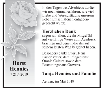 Traueranzeige von Horst Hennies von Deister- und Weserzeitung