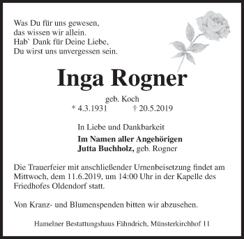Traueranzeige von Inga Rogner von Deister- und Weserzeitung