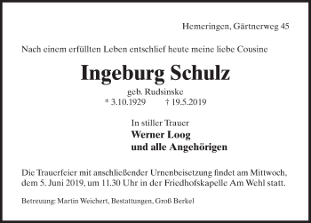 Traueranzeige von Ingeburg Schulz von Deister- und Weserzeitung