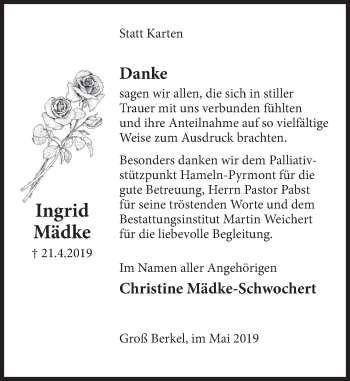 Traueranzeige von Ingrid Mädke von Deister- und Weserzeitung