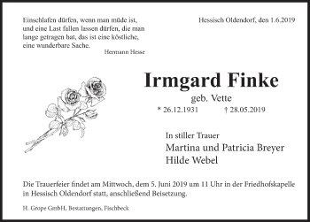 Traueranzeige von Irmgard Finke von Deister- und Weserzeitung