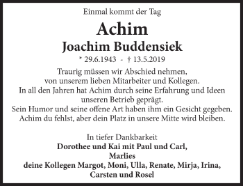 Traueranzeige von Joachim Buddensiek von Deister- und Weserzeitung