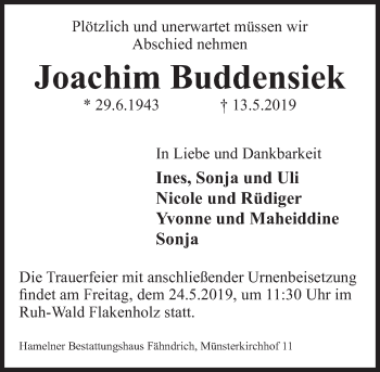 Traueranzeige von Joachim Buddensiek von Deister- und Weserzeitung
