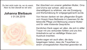 Traueranzeige von Johanna Bleibaum von Deister- und Weserzeitung