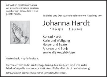 Traueranzeige von Johanna Hardt von Deister- und Weserzeitung
