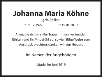 Traueranzeige von Johanna Maria Köhne von Deister- und Weserzeitung