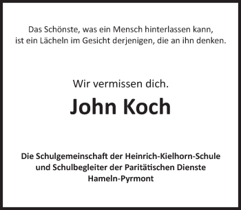 Traueranzeige von John Niklas Koch von Deister- und Weserzeitung