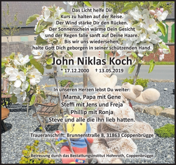 Traueranzeige von John Niklas Koch von Deister- und Weserzeitung