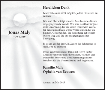 Traueranzeige von Jonas Maly von Deister- und Weserzeitung