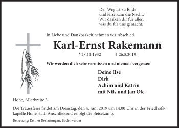 Traueranzeige von Karl-Ernst Rakemann von Deister- und Weserzeitung