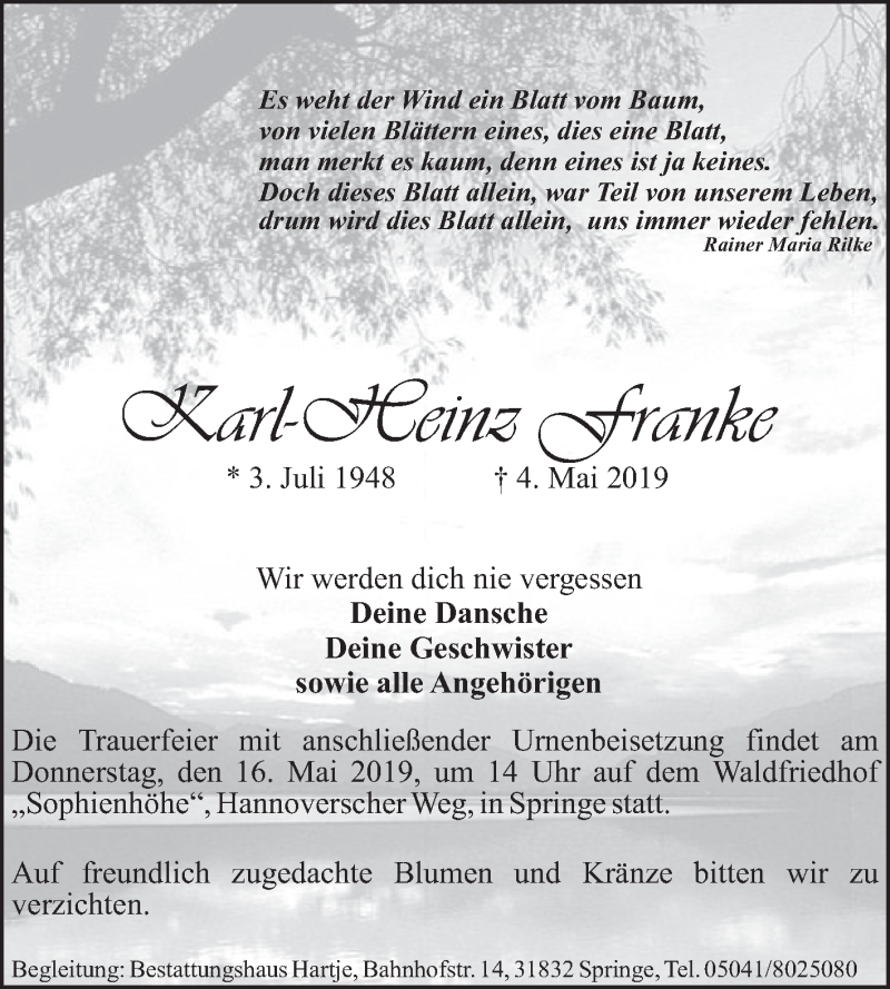  Traueranzeige für Karl-Heinz Franke vom 11.05.2019 aus Neue Deister-Zeitung