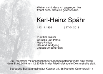 Traueranzeige von Karl-Heinz Spähr von Deister- und Weserzeitung