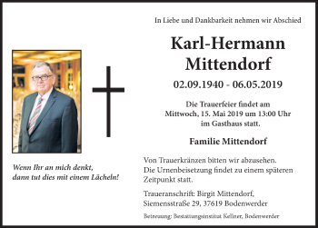 Traueranzeige von Karl-Hermann Mittendorf von Deister- und Weserzeitung