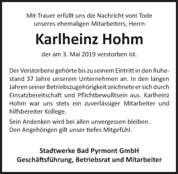 Traueranzeige von Karlheinz Hohm von Deister- und Weserzeitung