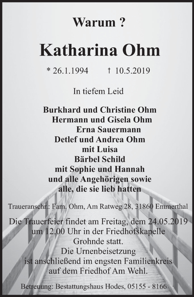 Traueranzeige für Katharina Ohm vom 18.05.2019 aus Deister- und Weserzeitung
