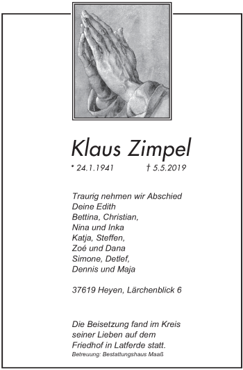 Traueranzeige von Klaus Zimpel von Deister- und Weserzeitung