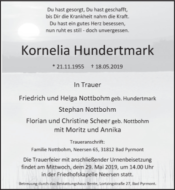 Traueranzeige von Kornelia Hundertmark von Deister- und Weserzeitung