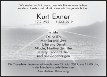 Traueranzeige von Kurt Exner von Deister- und Weserzeitung