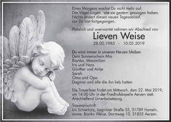 Traueranzeige von Lieven Weise von Deister- und Weserzeitung