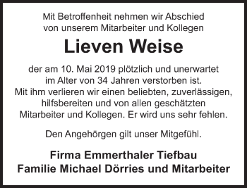 Traueranzeige von Lieven Weise von Deister- und Weserzeitung