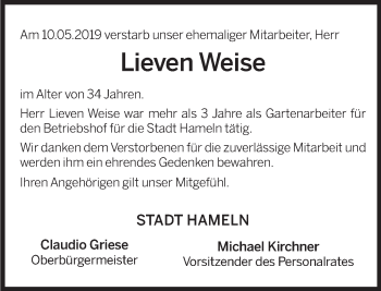 Traueranzeige von Lieven Weise von Deister- und Weserzeitung