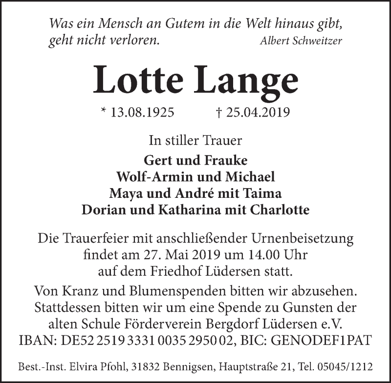  Traueranzeige für Lotte Lange vom 18.05.2019 aus Neue Deister-Zeitung