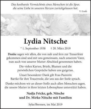 Traueranzeige von Lydia Nitsche von Deister- und Weserzeitung