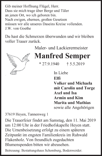 Traueranzeige von Manfred Semper von Deister- und Weserzeitung