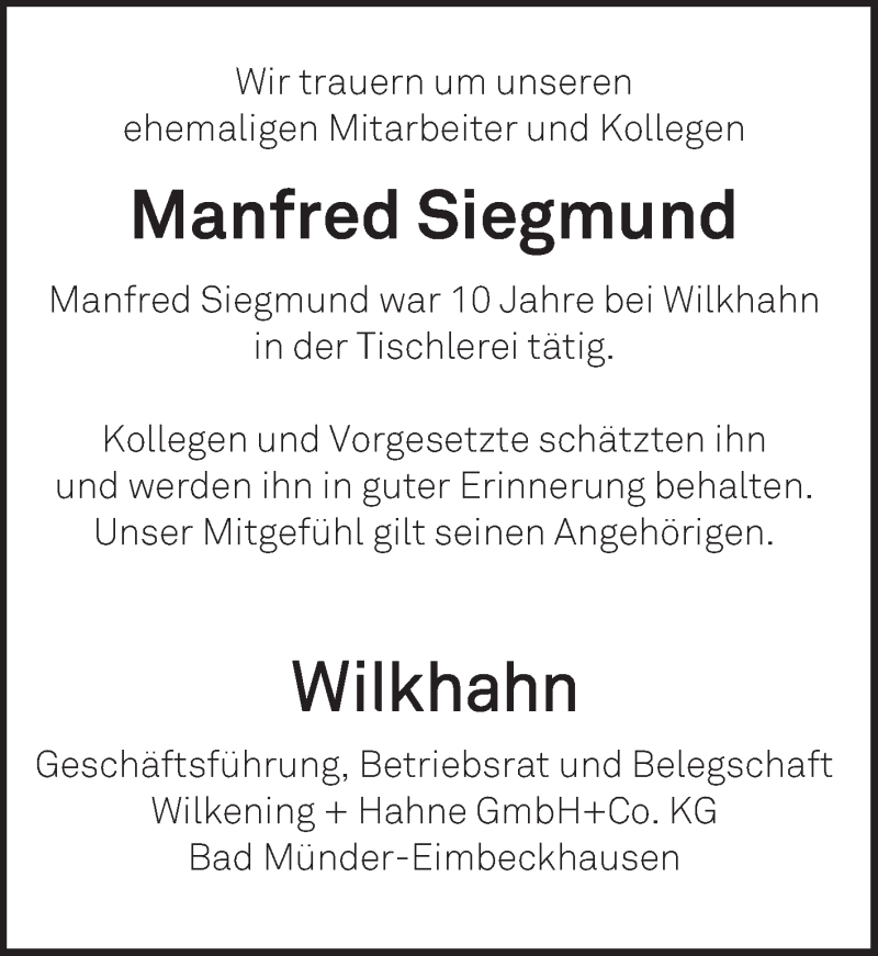  Traueranzeige für Manfred Siegmund vom 16.05.2019 aus Neue Deister-Zeitung