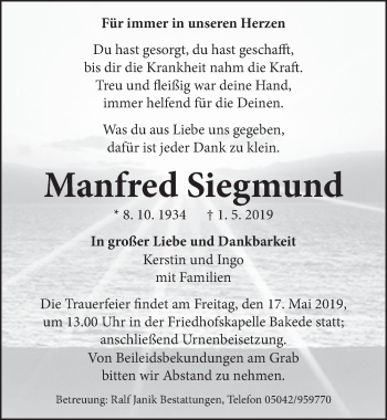 Traueranzeige von Manfred Siegmund von Neue Deister-Zeitung