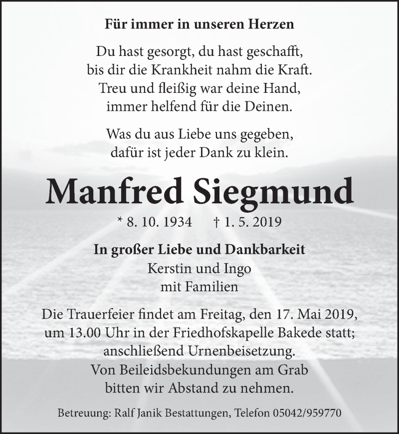  Traueranzeige für Manfred Siegmund vom 15.05.2019 aus Neue Deister-Zeitung