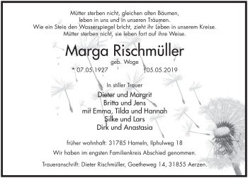Traueranzeige von Marga Rischmüller von Deister- und Weserzeitung