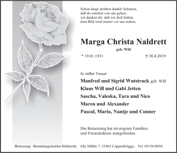 Traueranzeige von Marga Christa Naldrett von Deister- und Weserzeitung