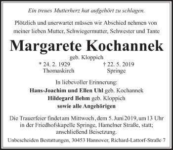 Traueranzeige von Margarete Kochannek von Neue Deister-Zeitung
