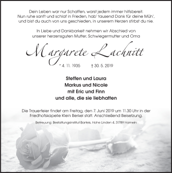 Traueranzeige von Margarete Lachnitt von Deister- und Weserzeitung