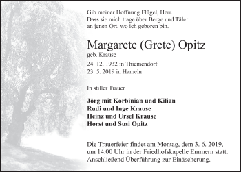 Traueranzeige von Margarete Opitz von Deister- und Weserzeitung