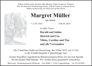 Traueranzeige von Margret Müller von Deister- und Weserzeitung