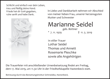 Traueranzeige von Marianne Seidel von Deister- und Weserzeitung