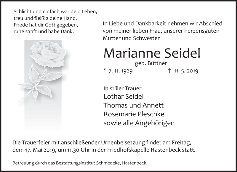  Traueranzeige für Marianne Seidel vom 14.05.2019 aus Deister- und Weserzeitung