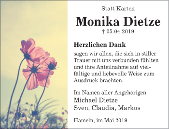 Traueranzeige von Monika Dietze von Deister- und Weserzeitung