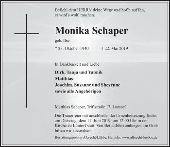 Traueranzeige von Monika Schaper von Deister- und Weserzeitung