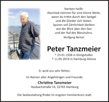 Traueranzeige von Peter Tanzmeier von Deister- und Weserzeitung
